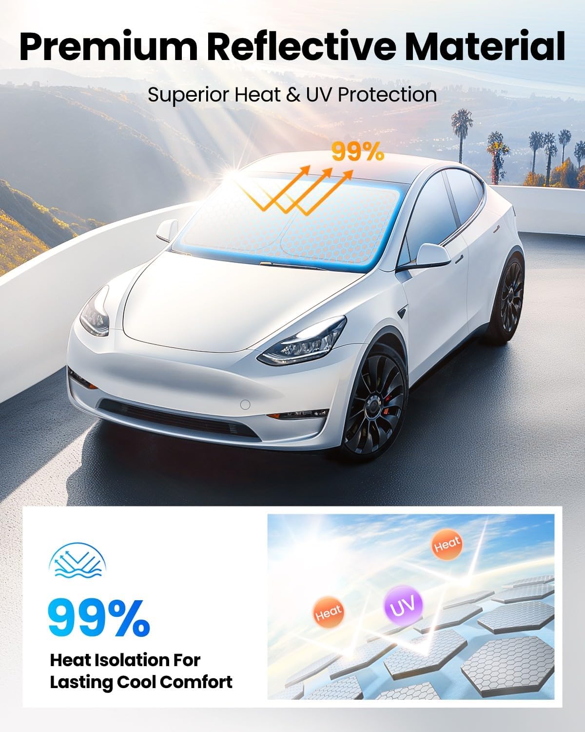 REEVAA Upgraded Tesla Model Y Sunshade Windshield [Original Design, Military-Grade Sun Protection] Design for Model Y 2019-2024, Foldable Front, Interior Protection Accessories, Silver Black