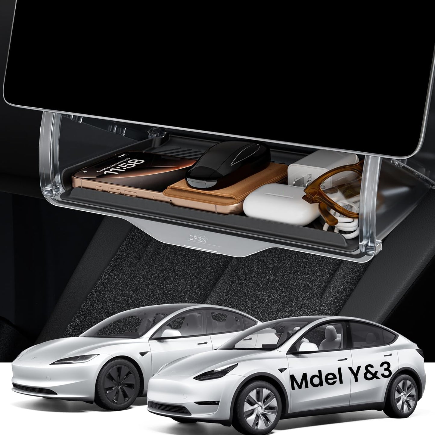 REEVAA Update Tesla Hidden Under Screen Storage for Model Y/3 [Hidden Design & Stable Installation] Center Console Organizer Tray with Anti-Slip Silicone Pad for Tesla Model3/Y 2016-2024 Accessories